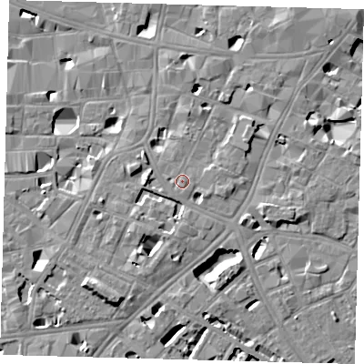 Shaded relief map of the ground around SE11EB, computed from Environment Agency LiDAR. The ground here sits at about 5 m above sea level and falls 8 m across the surrounding 800 m. Surface water reaching this point runs off ground lying to the south, 0.5 m higher.