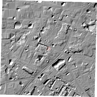 Shaded relief map of the ground around SE11EH, computed from Environment Agency LiDAR. The ground here sits at about 3 m above sea level and falls 8 m across the surrounding 800 m. Surface water reaching this point runs off ground lying to the east-north-east, 2.7 m higher.