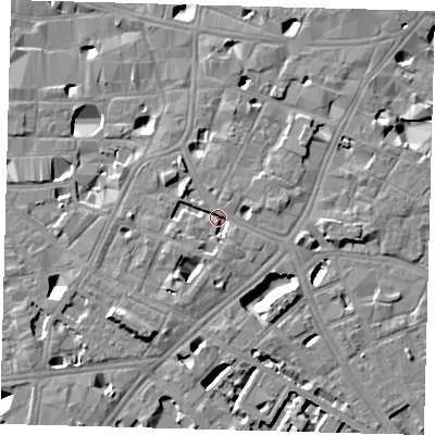 Shaded relief map of the ground around SE11EJ, computed from Environment Agency LiDAR. The ground here sits at about 3 m above sea level and falls 10 m across the surrounding 800 m. Surface water reaching this point runs off ground lying to the east-north-east, 2.7 m higher.