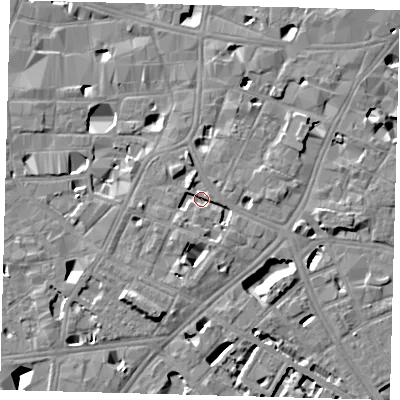 Shaded relief map of the ground around SE11EL, computed from Environment Agency LiDAR. The ground here sits at about 3 m above sea level and falls 11 m across the surrounding 800 m. Surface water reaching this point runs off ground lying to the east, 2.7 m higher.