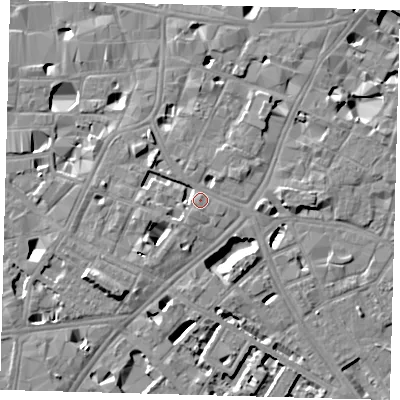 Shaded relief map of the ground around SE11EN, computed from Environment Agency LiDAR. The ground here sits at about 5 m above sea level and falls 8 m across the surrounding 800 m. Surface water reaching this point runs off ground lying to the south-west, 2.3 m higher.