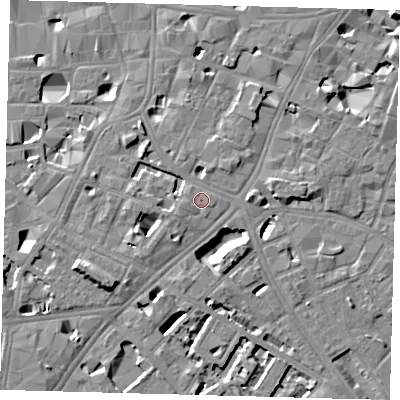 Shaded relief map of the ground around SE11EP, computed from Environment Agency LiDAR. The ground here sits at about 5 m above sea level and falls 8 m across the surrounding 800 m. The ground contributing surface water to this point lies to the west-north-west.
