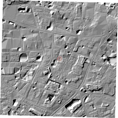 Shaded relief map of the ground around SE11ET, computed from Environment Agency LiDAR. The ground here sits at about 4 m above sea level and falls 11 m across the surrounding 800 m. Surface water reaching this point runs off ground lying to the east-north-east, 6.5 m higher.