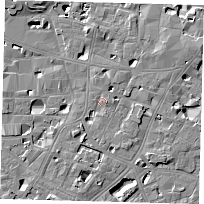 Shaded relief map of the ground around SE11EU, computed from Environment Agency LiDAR. The ground here sits at about 4 m above sea level and falls 14 m across the surrounding 800 m. Surface water reaching this point runs off ground lying to the east-north-east, 6.6 m higher.