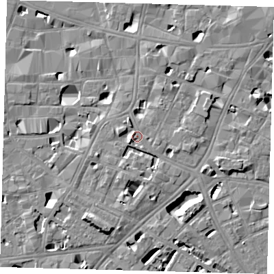 Shaded relief map of the ground around SE11EW, computed from Environment Agency LiDAR. The ground here sits at about 4 m above sea level and falls 8 m across the surrounding 800 m. Surface water reaching this point runs off ground lying to the east, 2.7 m higher.