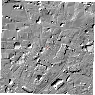 Shaded relief map of the ground around SE11EX, computed from Environment Agency LiDAR. The ground here sits at about 4 m above sea level and falls 9 m across the surrounding 800 m. Surface water reaching this point runs off ground lying to the east-north-east, 6.6 m higher.
