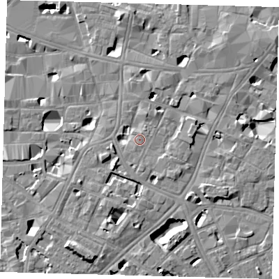 Shaded relief map of the ground around SE11EY, computed from Environment Agency LiDAR. The ground here sits at about 4 m above sea level and falls 8 m across the surrounding 800 m. Surface water reaching this point runs off ground lying to the south, 0.7 m higher.
