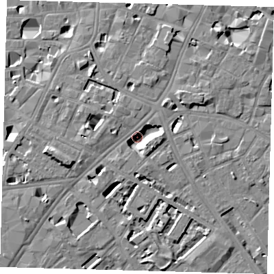 Shaded relief map of the ground around SE11GA, computed from Environment Agency LiDAR. The ground here sits at about 3 m above sea level and falls 8 m across the surrounding 800 m. Surface water reaching this point runs off ground lying to the south-east, 6.3 m higher.