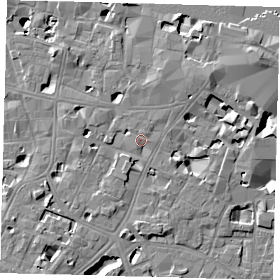 Shaded relief map of the ground around SE11GE, computed from Environment Agency LiDAR. The ground here sits at about 4 m above sea level and falls 14 m across the surrounding 800 m. Surface water reaching this point runs off ground lying to the east, 1.4 m higher.