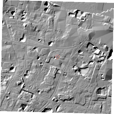 Shaded relief map of the ground around SE11GF, computed from Environment Agency LiDAR. The ground here sits at about 5 m above sea level and falls 14 m across the surrounding 800 m. Surface water reaching this point runs off ground lying to the south, 3.6 m higher.