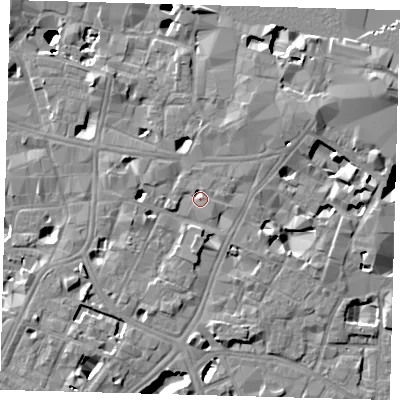 Shaded relief map of the ground around SE11GH, computed from Environment Agency LiDAR. The ground here sits at about 4 m above sea level and falls 14 m across the surrounding 800 m. Surface water reaching this point runs off ground lying to the south, 3.6 m higher.