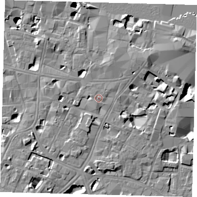 Shaded relief map of the ground around SE11GJ, computed from Environment Agency LiDAR. The ground here sits at about 5 m above sea level and falls 14 m across the surrounding 800 m. Surface water reaching this point runs off ground lying to the east, 0.6 m higher.