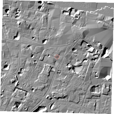 Shaded relief map of the ground around SE11GN, computed from Environment Agency LiDAR. The ground here sits at about 5 m above sea level and falls 14 m across the surrounding 800 m. Surface water reaching this point runs off ground lying to the west-north-west, 1.1 m higher.
