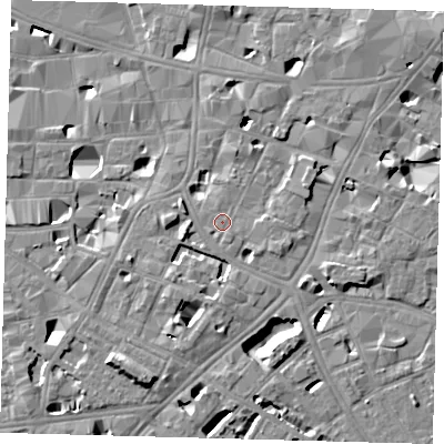 Shaded relief map of the ground around SE11HA, computed from Environment Agency LiDAR. The ground here sits at about 5 m above sea level and falls 8 m across the surrounding 800 m. The ground contributing surface water to this point lies to the south-south-east.
