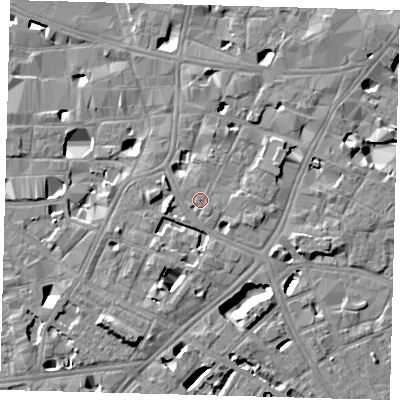 Shaded relief map of the ground around SE11HB, computed from Environment Agency LiDAR. The ground here sits at about 5 m above sea level and falls 8 m across the surrounding 800 m. Surface water reaching this point runs off ground lying to the west-south-west, 0.8 m higher.