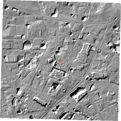 Shaded relief map of the ground around SE11HF, computed from Environment Agency LiDAR. The ground here sits at about 4 m above sea level and falls 8 m across the surrounding 800 m. Surface water reaching this point runs off ground lying to the west-south-west, 1.2 m higher.