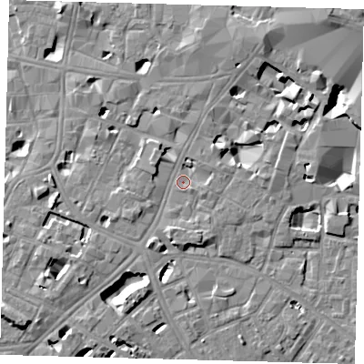 Shaded relief map of the ground around SE11HH, computed from Environment Agency LiDAR. The ground here sits at about 4 m above sea level and falls 11 m across the surrounding 800 m. Surface water reaching this point runs off ground lying to the south-south-west, 3.0 m higher.