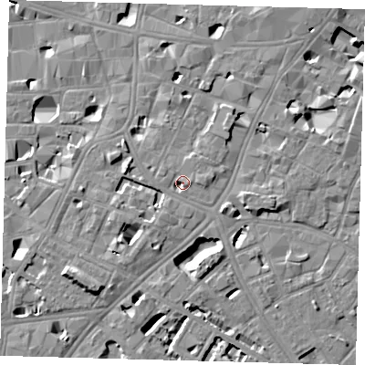 Shaded relief map of the ground around SE11HJ, computed from Environment Agency LiDAR. The ground here sits at about 5 m above sea level and falls 8 m across the surrounding 800 m. Surface water reaching this point runs off ground lying to the east, 2.7 m higher.