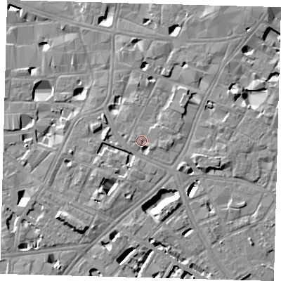 Shaded relief map of the ground around SE11HP, computed from Environment Agency LiDAR. The ground here sits at about 5 m above sea level and falls 8 m across the surrounding 800 m. Surface water reaching this point runs off ground lying to the east, 2.7 m higher.