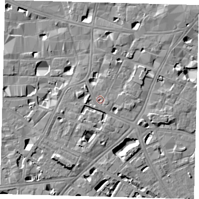 Shaded relief map of the ground around SE11HQ, computed from Environment Agency LiDAR. The ground here sits at about 4 m above sea level and falls 8 m across the surrounding 800 m. Surface water reaching this point runs off ground lying to the west-north-west, 1.2 m higher.