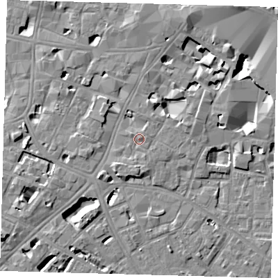 Shaded relief map of the ground around SE11HW, computed from Environment Agency LiDAR. The ground here sits at about 5 m above sea level and falls 11 m across the surrounding 800 m. Surface water reaching this point runs off ground lying to the south, 1.8 m higher.