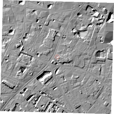 Shaded relief map of the ground around SE11JA, computed from Environment Agency LiDAR. The ground here sits at about 4 m above sea level and falls 11 m across the surrounding 800 m. Surface water reaching this point runs off ground lying to the south-west, 2.2 m higher.