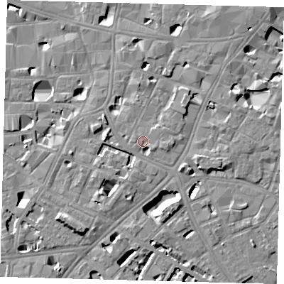 Shaded relief map of the ground around SE11JF, computed from Environment Agency LiDAR. The ground here sits at about 5 m above sea level and falls 8 m across the surrounding 800 m. Surface water reaching this point runs off ground lying to the east, 2.7 m higher.