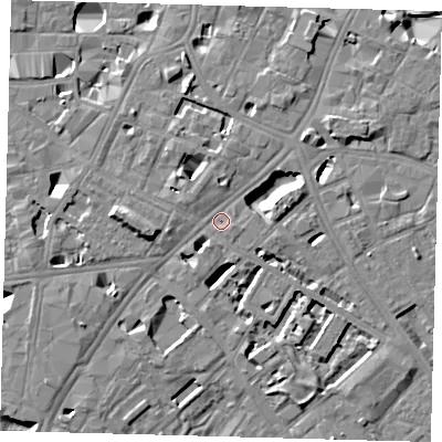 Shaded relief map of the ground around SE11JG, computed from Environment Agency LiDAR. The ground here sits at about 4 m above sea level and falls 9 m across the surrounding 800 m. Surface water reaching this point runs off ground lying to the east-north-east, 6.3 m higher.