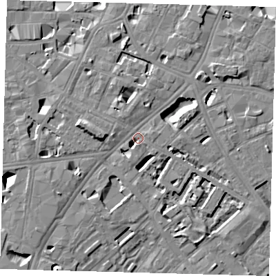Shaded relief map of the ground around SE11JH, computed from Environment Agency LiDAR. The ground here sits at about 4 m above sea level and falls 11 m across the surrounding 800 m. Surface water reaching this point runs off ground lying to the east-north-east, 6.3 m higher.
