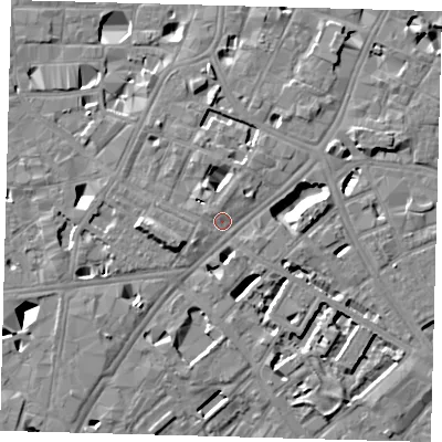 Shaded relief map of the ground around SE11JS, computed from Environment Agency LiDAR. The ground here sits at about 5 m above sea level and falls 11 m across the surrounding 800 m. Surface water reaching this point runs off ground lying to the north-west, 1.0 m higher.