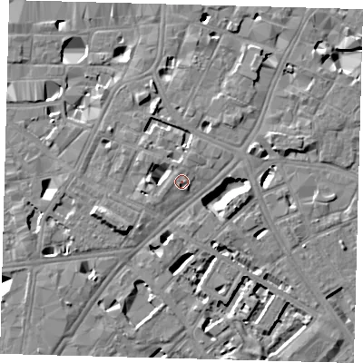 Shaded relief map of the ground around SE11JU, computed from Environment Agency LiDAR. The ground here sits at about 5 m above sea level and falls 10 m across the surrounding 800 m. Surface water reaching this point runs off ground lying to the north, 1.3 m higher.