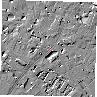 Shaded relief map of the ground around SE11JX, computed from Environment Agency LiDAR. The ground here sits at about 4 m above sea level and falls 8 m across the surrounding 800 m. Surface water reaching this point runs off ground lying to the west, 1.4 m higher.