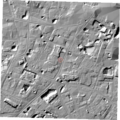 Shaded relief map of the ground around SE11LB, computed from Environment Agency LiDAR. The ground here sits at about 4 m above sea level and falls 11 m across the surrounding 800 m. Surface water reaching this point runs off ground lying to the south, 3.0 m higher.