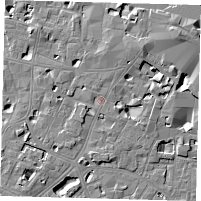 Shaded relief map of the ground around SE11LN, computed from Environment Agency LiDAR. The ground here sits at about 4 m above sea level and falls 14 m across the surrounding 800 m. Surface water reaching this point runs off ground lying to the south-south-west, 3.6 m higher.