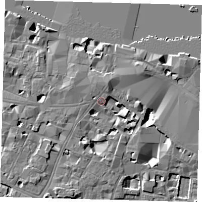 Shaded relief map of the ground around SE11LZ, computed from Environment Agency LiDAR. The ground here sits at about 5 m above sea level and falls 10 m across the surrounding 800 m. Surface water reaching this point runs off ground lying to the south-east, 4.3 m higher.