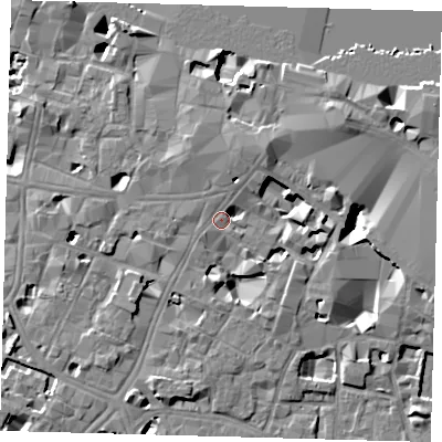 Shaded relief map of the ground around SE11NH, computed from Environment Agency LiDAR. The ground here sits at about 4 m above sea level and falls 10 m across the surrounding 800 m. Surface water reaching this point runs off ground lying to the east-south-east, 4.3 m higher.