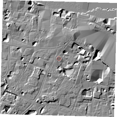 Shaded relief map of the ground around SE11NL, computed from Environment Agency LiDAR. The ground here sits at about 4 m above sea level and falls 10 m across the surrounding 800 m. Surface water reaching this point runs off ground lying to the east-south-east, 4.0 m higher.