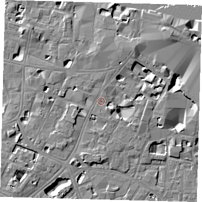 Shaded relief map of the ground around SE11NP, computed from Environment Agency LiDAR. The ground here sits at about 4 m above sea level and falls 10 m across the surrounding 800 m. Surface water reaching this point runs off ground lying to the east, 4.0 m higher.