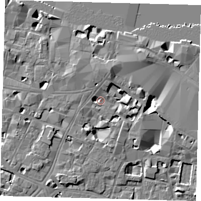 Shaded relief map of the ground around SE11NX, computed from Environment Agency LiDAR. The ground here sits at about 4 m above sea level and falls 10 m across the surrounding 800 m. Surface water reaching this point runs off ground lying to the east-south-east, 4.3 m higher.