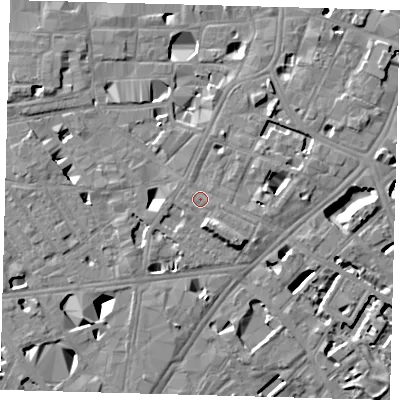 Shaded relief map of the ground around SE11PE, computed from Environment Agency LiDAR. The ground here sits at about 5 m above sea level and falls 11 m across the surrounding 800 m. Surface water reaching this point runs off ground lying to the south-east, 0.9 m higher.