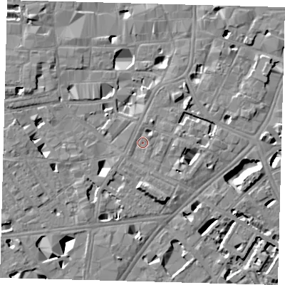 Shaded relief map of the ground around SE11PF, computed from Environment Agency LiDAR. The ground here sits at about 4 m above sea level and falls 11 m across the surrounding 800 m. Surface water reaching this point runs off ground lying to the east-south-east, 4.1 m higher.