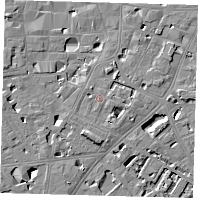Shaded relief map of the ground around SE11PJ, computed from Environment Agency LiDAR. The ground here sits at about 4 m above sea level and falls 11 m across the surrounding 800 m. Surface water reaching this point runs off ground lying to the south-east, 4.1 m higher.