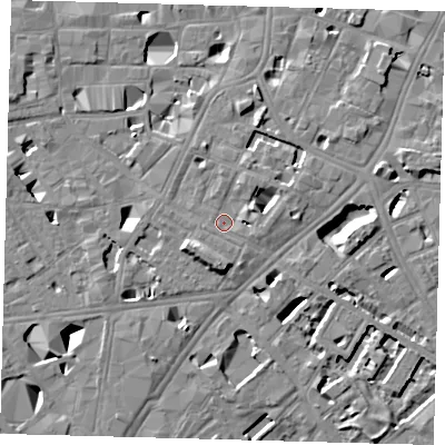 Shaded relief map of the ground around SE11PP, computed from Environment Agency LiDAR. The ground here sits at about 4 m above sea level and falls 11 m across the surrounding 800 m. Surface water reaching this point runs off ground lying to the east-north-east, 4.1 m higher.
