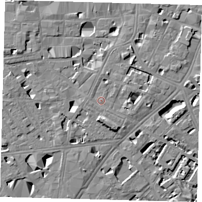 Shaded relief map of the ground around SE11PQ, computed from Environment Agency LiDAR. The ground here sits at about 4 m above sea level and falls 11 m across the surrounding 800 m. Surface water reaching this point runs off ground lying to the east, 4.1 m higher.