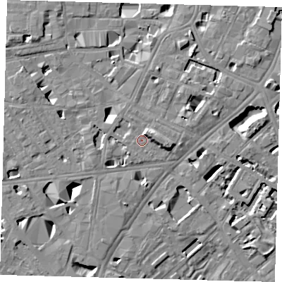 Shaded relief map of the ground around SE11PS, computed from Environment Agency LiDAR. The ground here sits at about 4 m above sea level and falls 11 m across the surrounding 800 m. Surface water reaching this point runs off ground lying to the north-north-east, 3.3 m higher.