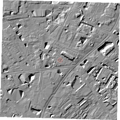 Shaded relief map of the ground around SE11PT, computed from Environment Agency LiDAR. The ground here sits at about 4 m above sea level and falls 11 m across the surrounding 800 m. Surface water reaching this point runs off ground lying to the north-north-east, 3.3 m higher.