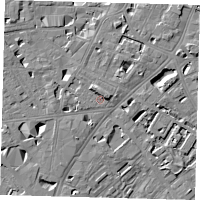 Shaded relief map of the ground around SE11PX, computed from Environment Agency LiDAR. The ground here sits at about 4 m above sea level and falls 11 m across the surrounding 800 m. Surface water reaching this point runs off ground lying to the east-north-east, 3.5 m higher.