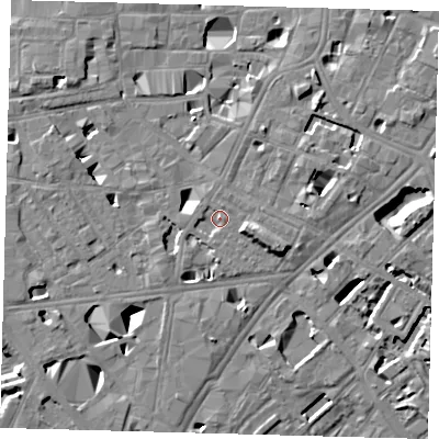 Shaded relief map of the ground around SE11QE, computed from Environment Agency LiDAR. The ground here sits at about 4 m above sea level and falls 11 m across the surrounding 800 m. Surface water reaching this point runs off ground lying to the north-north-east, 1.7 m higher.