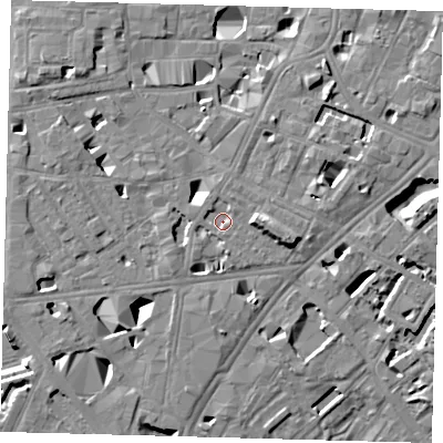 Shaded relief map of the ground around SE11QF, computed from Environment Agency LiDAR. The ground here sits at about 3 m above sea level and falls 11 m across the surrounding 800 m. Surface water reaching this point runs off ground lying to the north-north-east, 1.7 m higher.