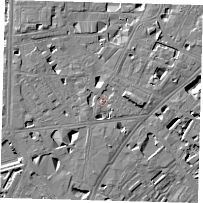 Shaded relief map of the ground around SE11QG, computed from Environment Agency LiDAR. The ground here sits at about 4 m above sea level and falls 11 m across the surrounding 800 m. Surface water reaching this point runs off ground lying to the north-east, 1.7 m higher.